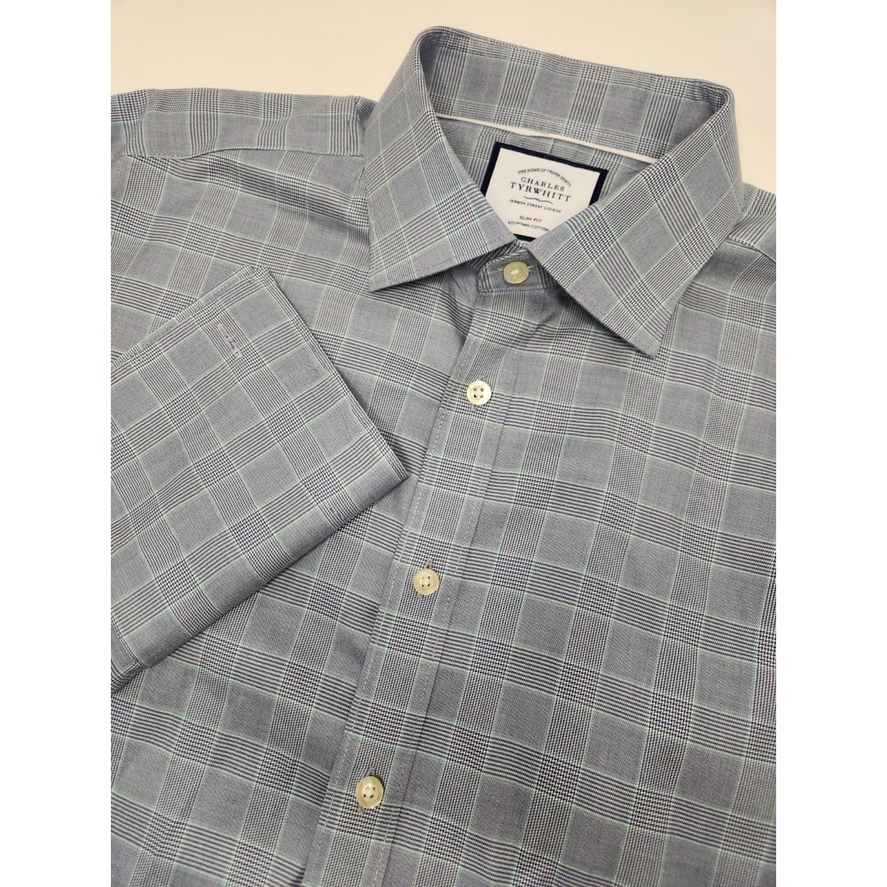 Charles Tyrwhitt Dress Shirt‎ Men's 16.5 36 Blue Plaid Slim Fit Egyptian Cotton
